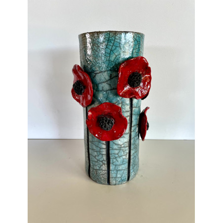 Original poppies raku ceramic vase