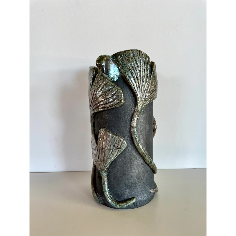 Vase céramique raku "Feuilles Ginkgo"