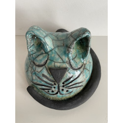 Superbe chat en céramique raku Turquoise, déco tendance assurée