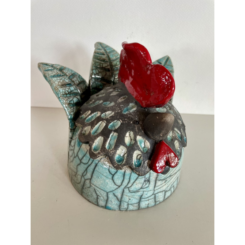 Poule décorative en céramique Raku bleu turquoise