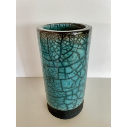 Lovely decorative turquoise Raku ceramic vase art nicely crackled