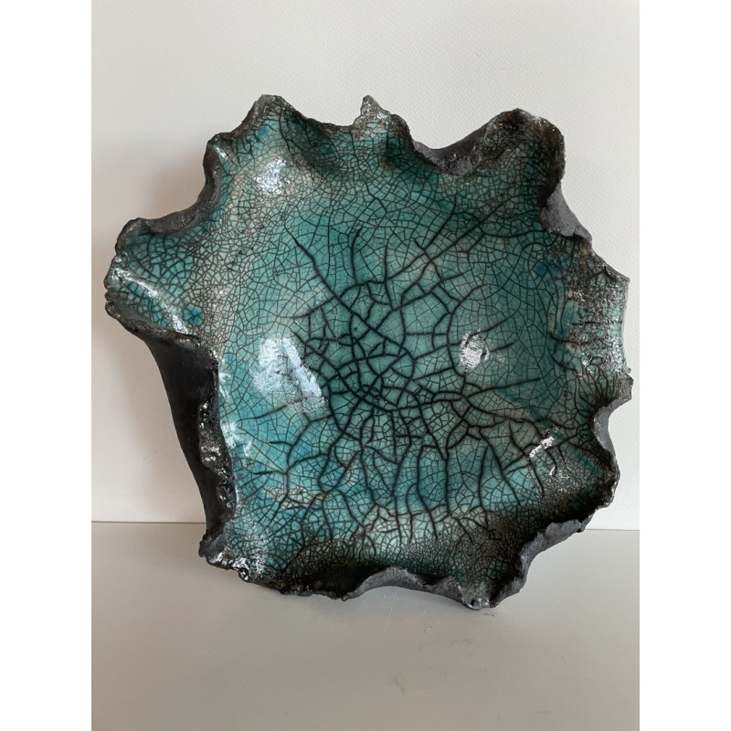 Coupe décorative unique en céramique raku bleu turquoise