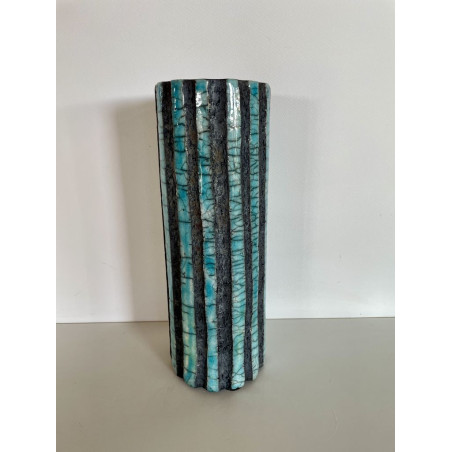 Unique decorative art piece and superb tall turquoise Raku vase