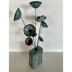 Vase Contemporain avec ses Fleurs Céramique Raku