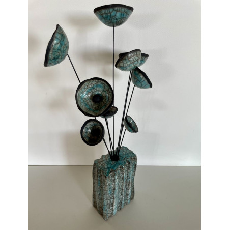 Vase Contemporain avec ses Fleurs Céramique Raku