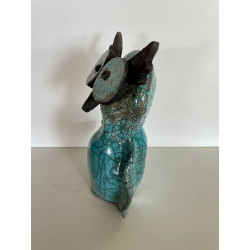 Céramique artisanale pour cette Chouette en Raku Bleu