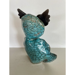Céramique artisanale pour cette Chouette en Raku Bleu