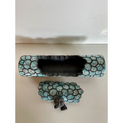 Boite artisanale très longue en céramique Raku Bleu-vert/Turquoise