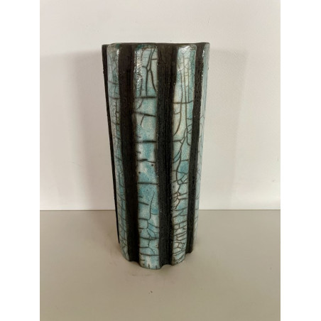 Unique decorative art piece and superb tall turquoise Raku vase