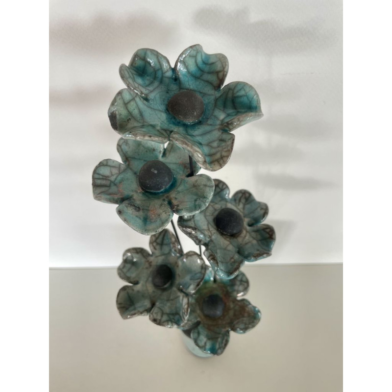 Original Raku Ceramic Blue/Turquoise Soliflore Vase with Red Flower Original Raku Ceramic Blue/Turquoise Soliflore Vase with Red Flower