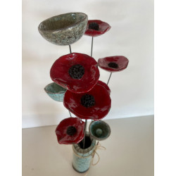 Bel ensemble vase et fleurs bleu turquoise en céramique raku