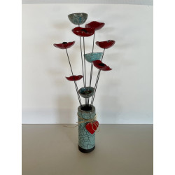 Bel ensemble vase et fleurs bleu turquoise en céramique raku