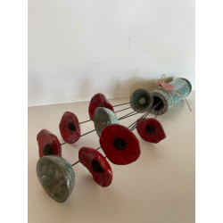 Bel ensemble vase et fleurs bleu turquoise en céramique raku