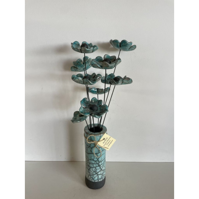 Vase Contemporain et Ses Fleurs Bleues Céramique Raku