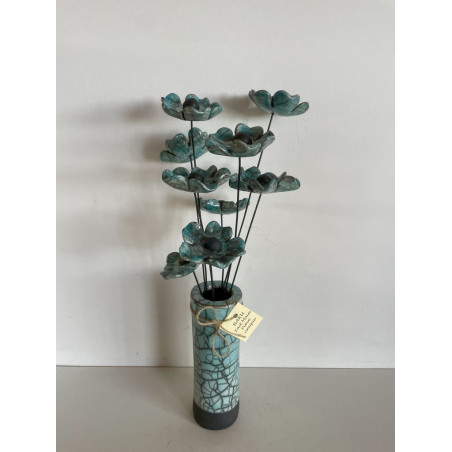 Vase Contemporain et Ses Fleurs Bleues Céramique Raku