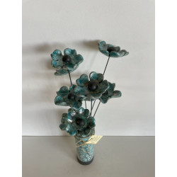 Vase Contemporain et Ses Fleurs Bleues Céramique Raku