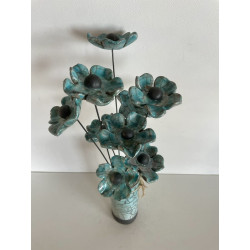 Vase Contemporain et Ses Fleurs Bleues Céramique Raku