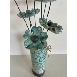 Vase Contemporain et Ses Fleurs Bleues Céramique Raku