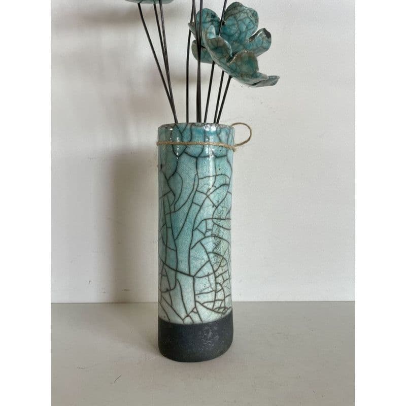 Vase Contemporain Fleurs Bleues Céramique Raku — 4