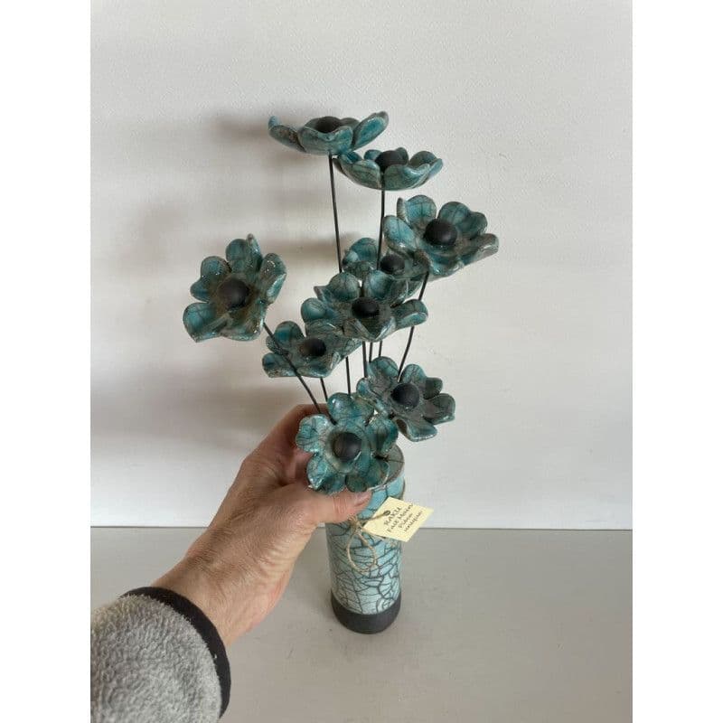 Vase Contemporain Fleurs Bleues Céramique Raku — 8