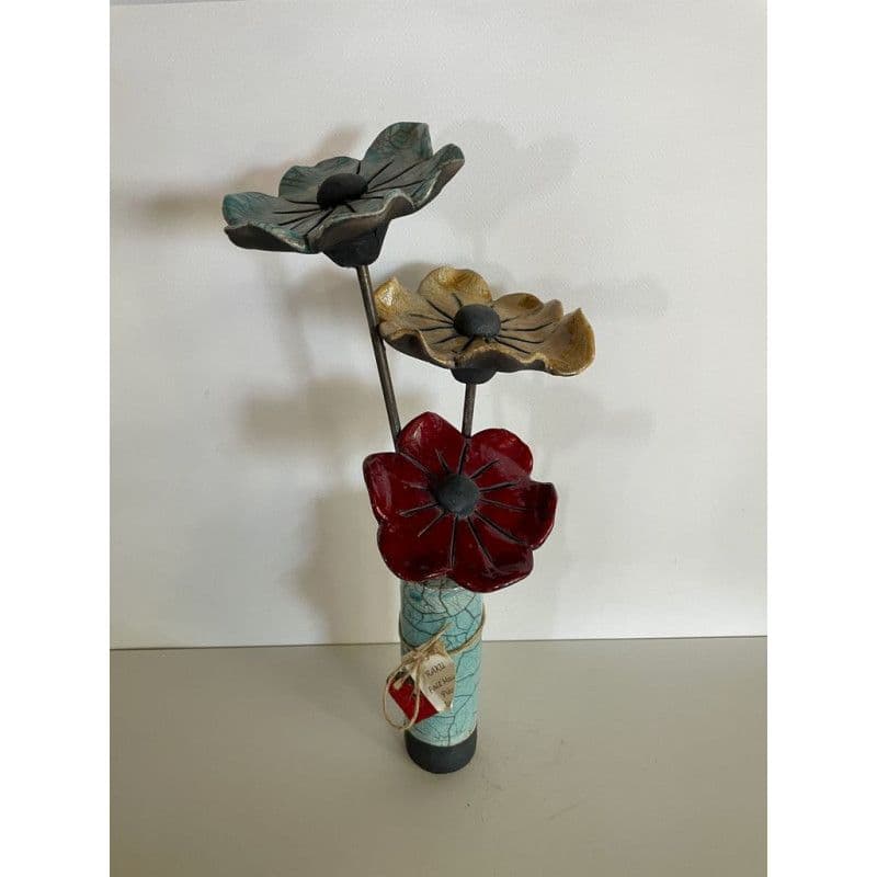Ceramic Raku vase with 3 flowers — 4