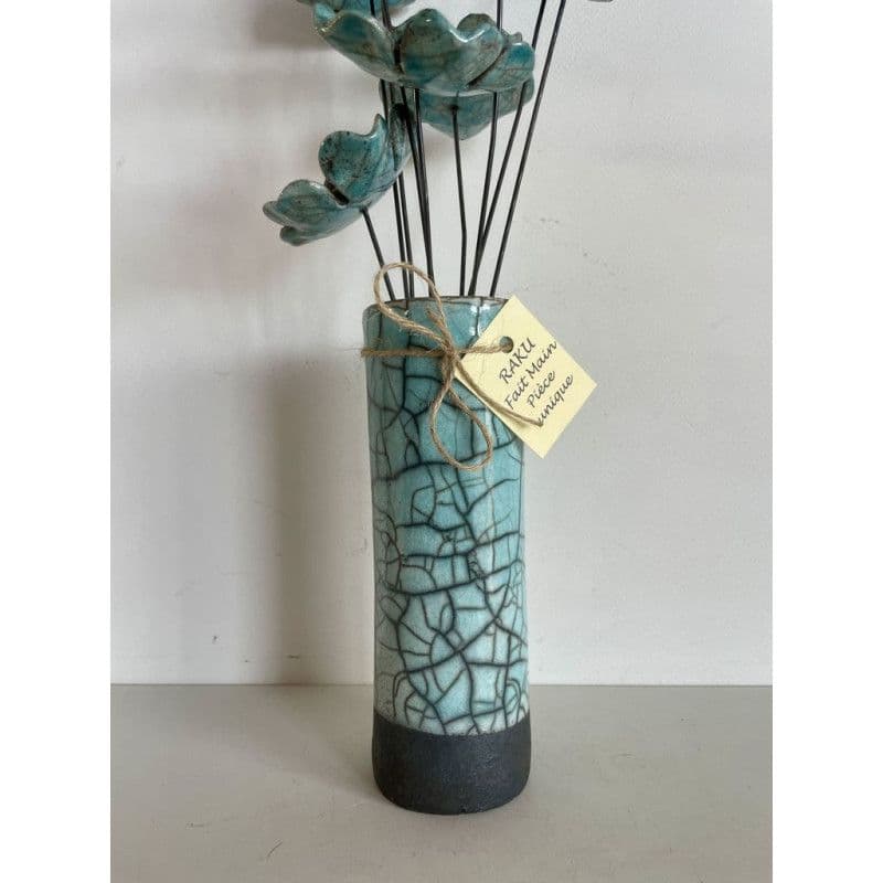 Vase Contemporain Fleurs Bleues Céramique Raku — 3