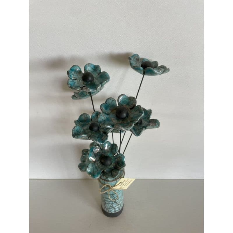 Vase Contemporain Fleurs Bleues Céramique Raku — 2