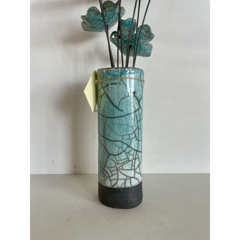 Vase Contemporain Fleurs Bleues Céramique Raku — 5