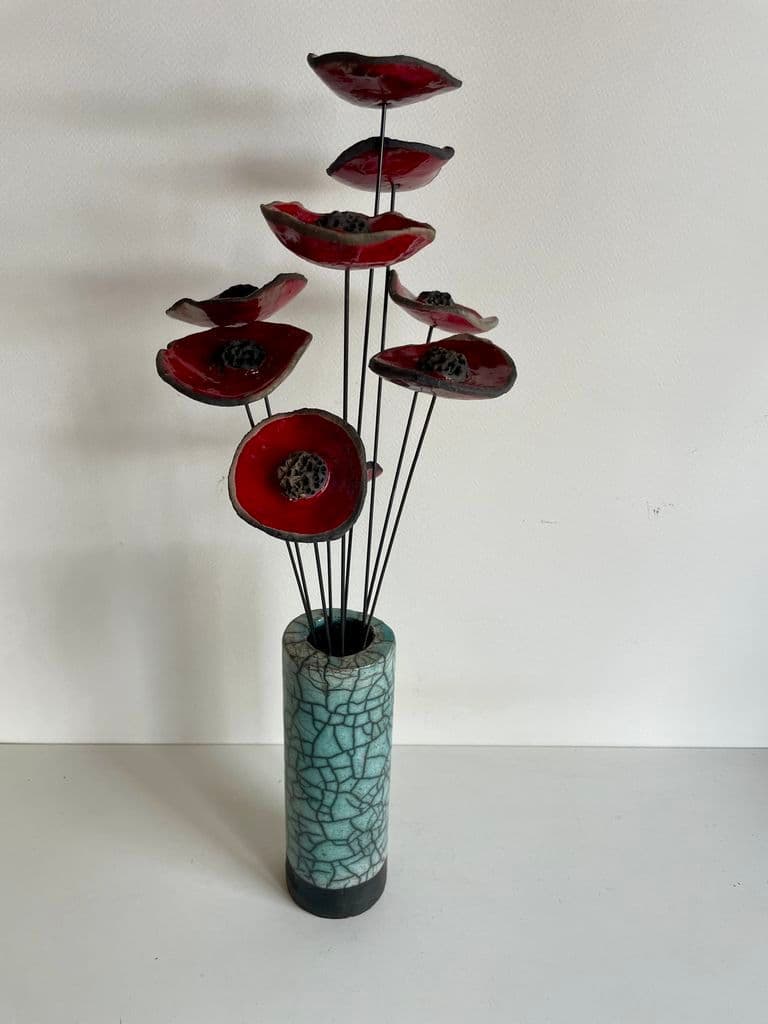 Vase Contemporain avec ses Fleurs Céramique Raku — 2