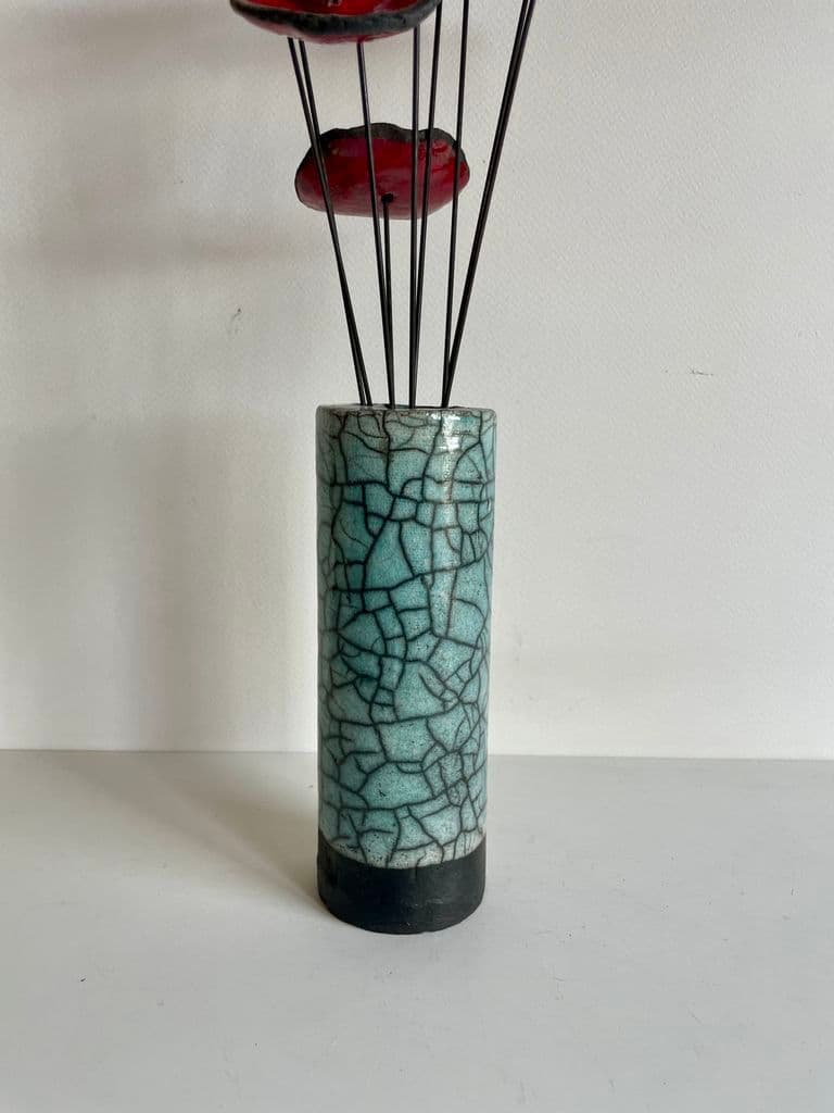 Vase Contemporain avec ses Fleurs Céramique Raku — 3