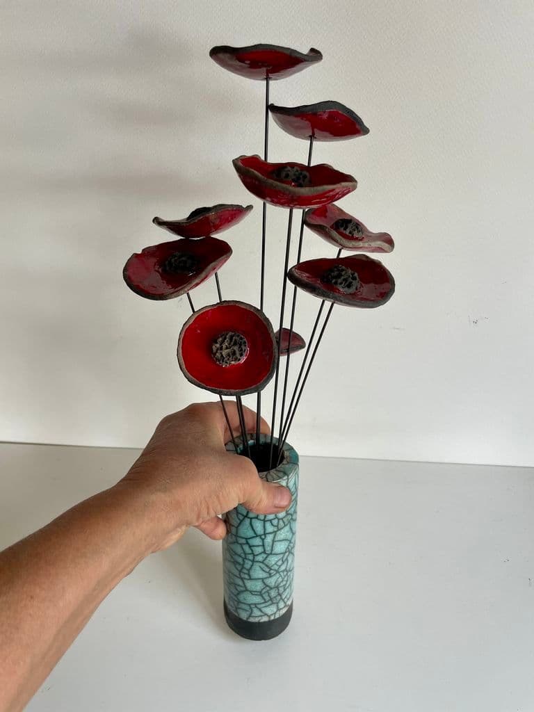 Vase Contemporain avec ses Fleurs Céramique Raku — 6